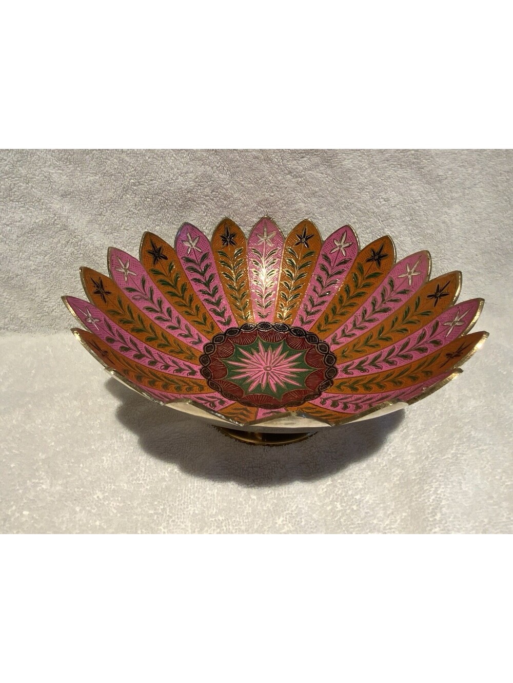 Colorful 8.75”W x 4”H Enamel Over Brass Intricately Crafted Bowl